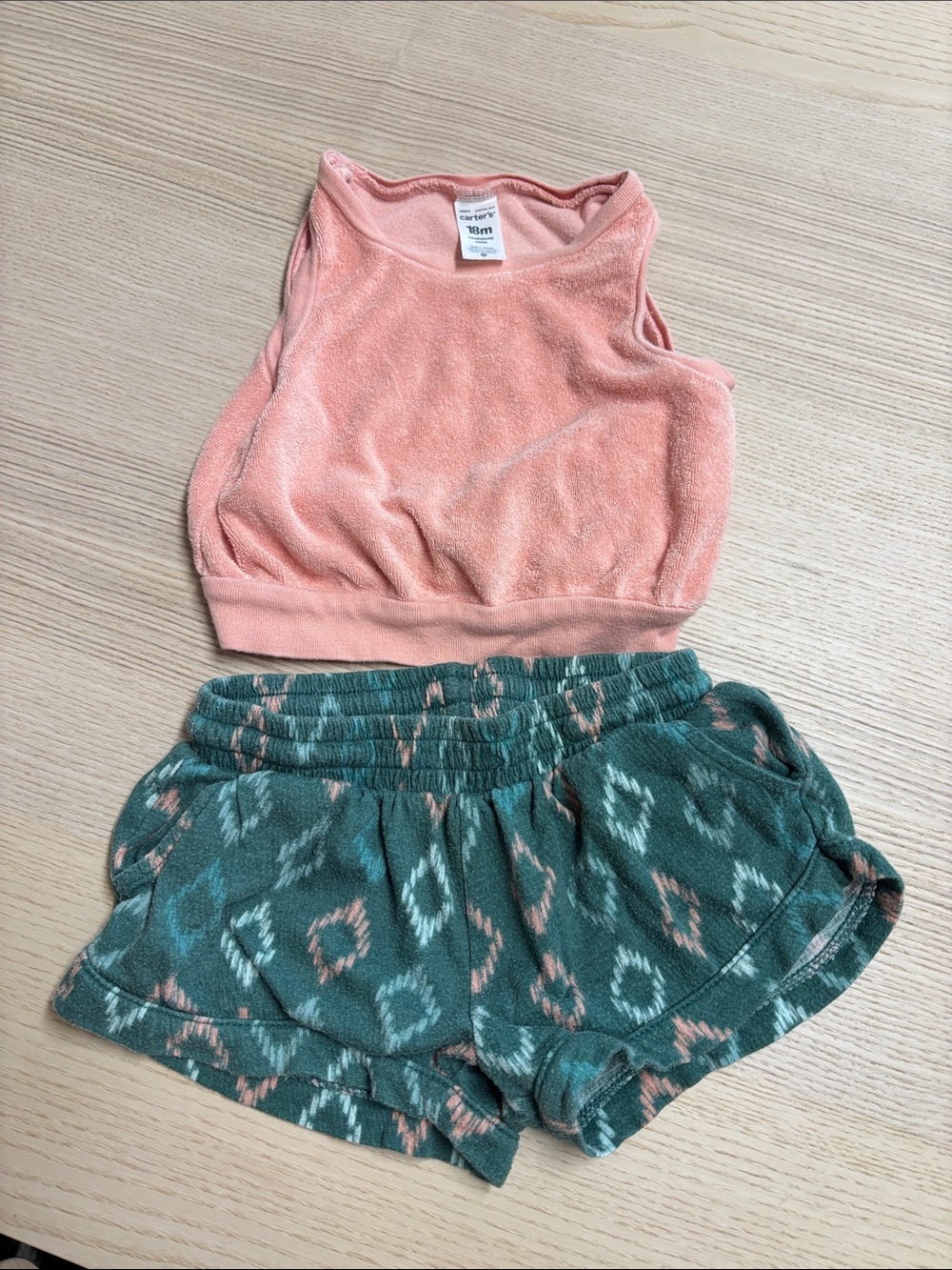 Carter's Peach Terry Crop Tank with Teal Patterned Shorts